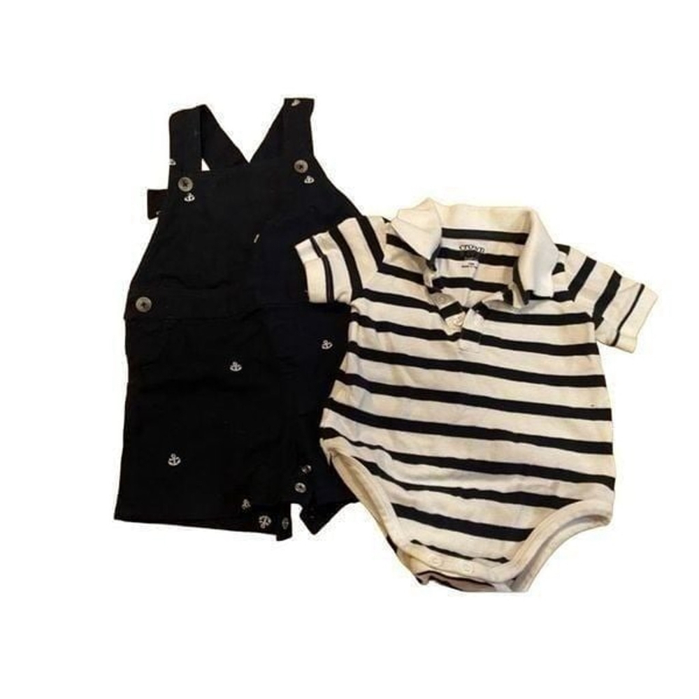 Crown & Ivy Baby 2 Piece Navy and White Overalls Outfit 12 Months